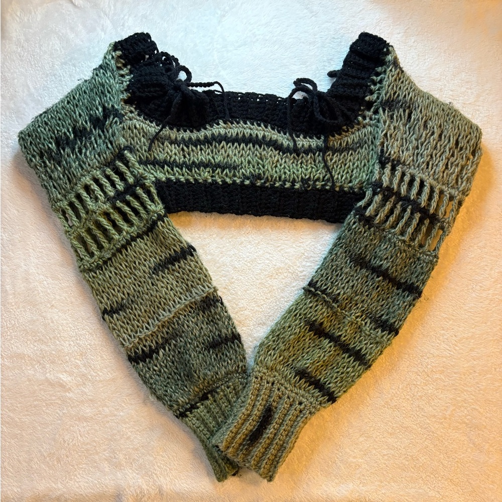 Handmade Crochet Shrug Top Long Sleeve Coverup Olive Green Knit Black Accents